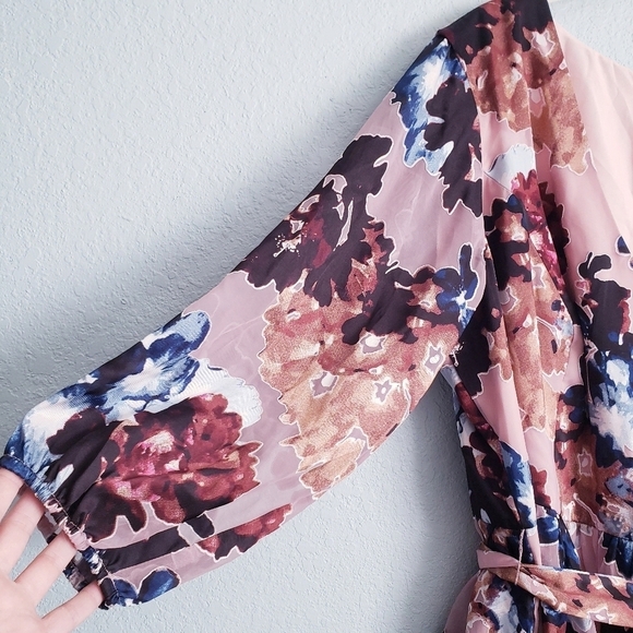 Vince Camuto Pink Floral Applique Long Sheer Sleeve Mini Wrap Dress - Picture 6 of 11